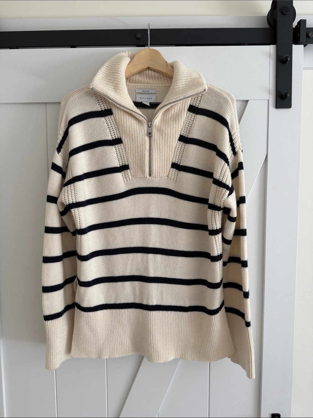 Kit and Ace Cream and Navy Striped Half-Merino Wool Zip Sweater